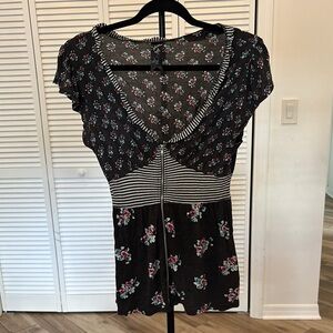 Chic Floral Black Blouse with Stripes